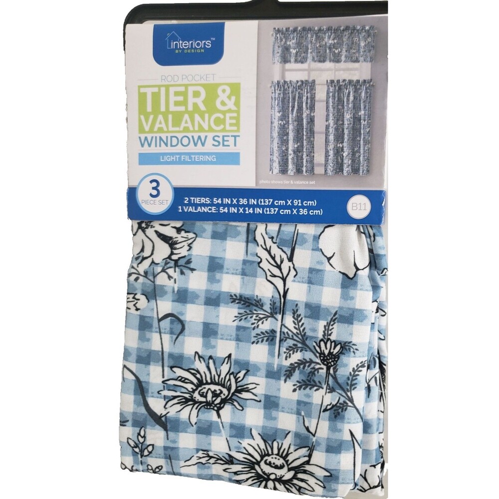3Pc. Rod Pocket Curtains Set: Tiers (54"x36") & Valance (54"x14") FLOWERS,B11,MB